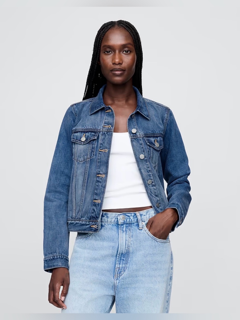 GAP Women's Icon Denim Trucker Jacket Medium Indigo Wash Stretch Size XL